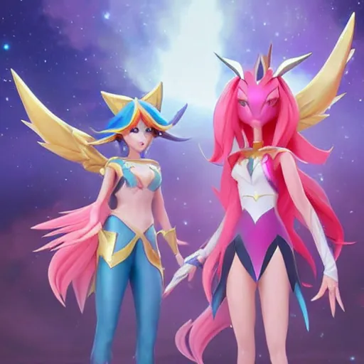 Image similar to star guardian xayah and star guardian kai'sa are friends, league of legends, by weta digital, 3 - dimensional, rays of shimmering light