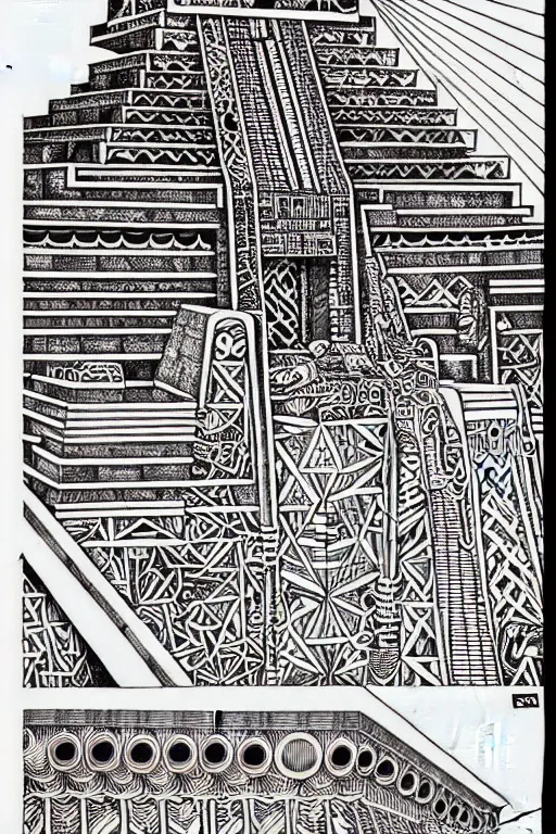 Image similar to a black and white drawing of a mayan temple, a detailed mixed media collage by hiroki tsukuda and eduardo paolozzi and moebius, intricate linework, sketchbook psychedelic doodle comic drawing, geometric, street art, polycount, deconstructivism, matte drawing, academic art, constructivism