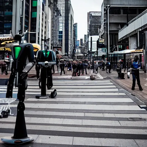 Prompt: a dystopian version of Flinders Street Melbourne Australia, robots in the street.