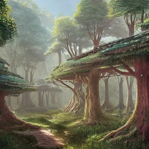 Image similar to concept art painting of treehouses made out of trees, walkways between trees, trees with doors and windows in a deep forest, realistic, detailed, cel shaded, in the style of makoto shinkai and greg rutkowski and james gurney