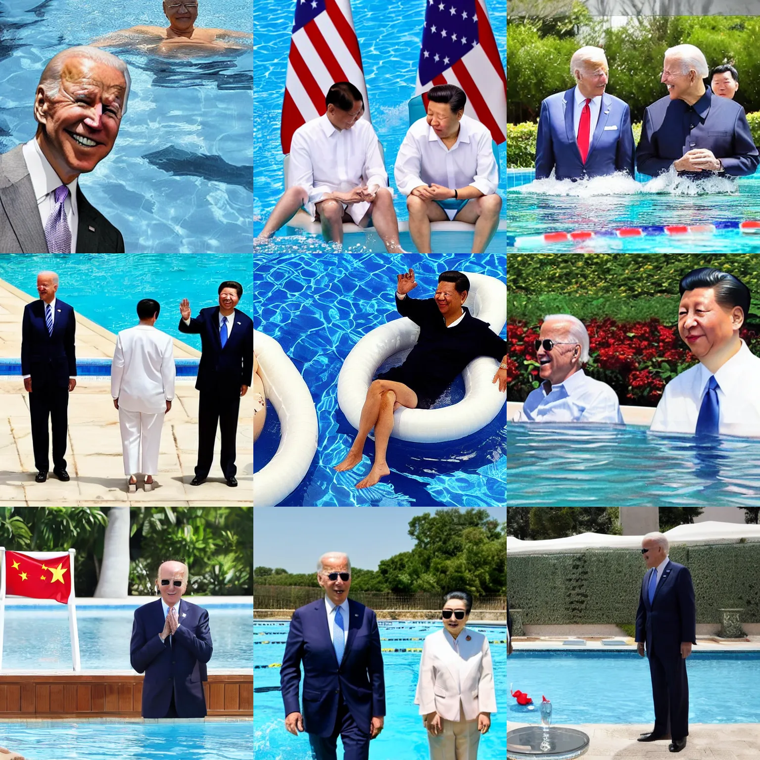 Prompt: Joe Biden chilling with Xi Jinping in swimming pool