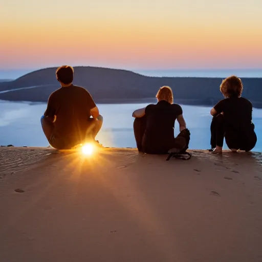 Prompt: three people watching the sun go down on the dune du pilat