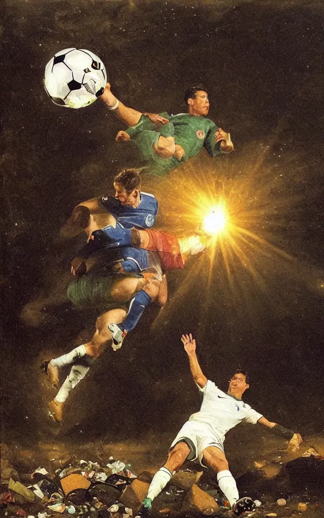 Image similar to scientific cristiano ronaldo soccer player surrounded by trash meanwhile another soccer player is tackling the nike ball in front of the light flare, night earth crust, trail cam, realistic photography paleoart, masterpiece album cover, by Goya and Velazquez