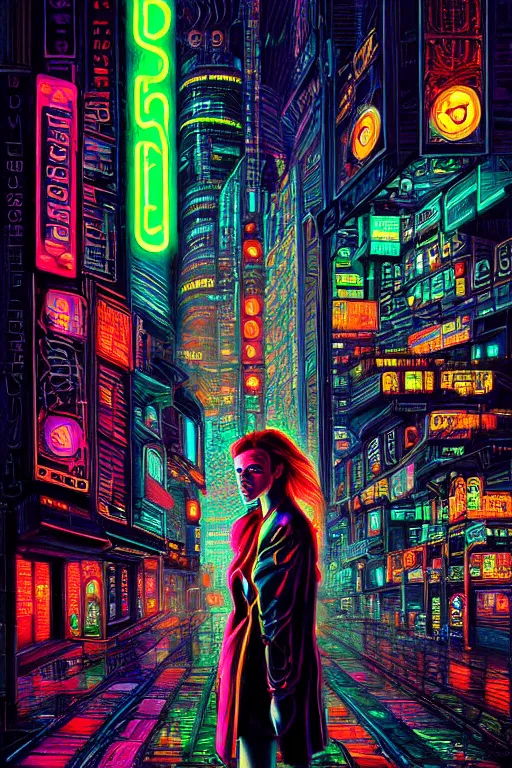 Image similar to dreamy cyberpunk girl, neon coat, detailed acrylic, city bar, intricate complexity, by dan mumford and by alberto giacometti, peter lindbergh