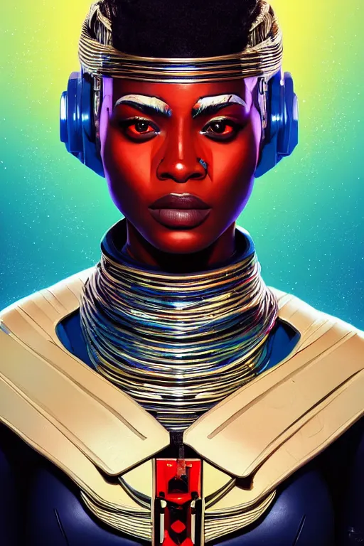 Image similar to portrait of the African Android Queen, by DC comics and Sandra Chevrier and beeple, artstation, volumetric lighting, hyperrealism, 4k UHD