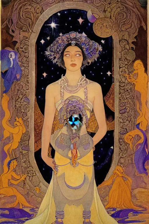 Prompt: queen of the moon with stars in her hair by Nicholas Roerich and Annie Swynnerton and Diego Rivera and jean delville and Carl Larsson, dramatic cinematic lighting , dark skin and natural afro hair, silver jewelry, ornate headdress, flowing robes, sacred artifacts, lost civilizations, smooth, sharp focus, extremely detailed