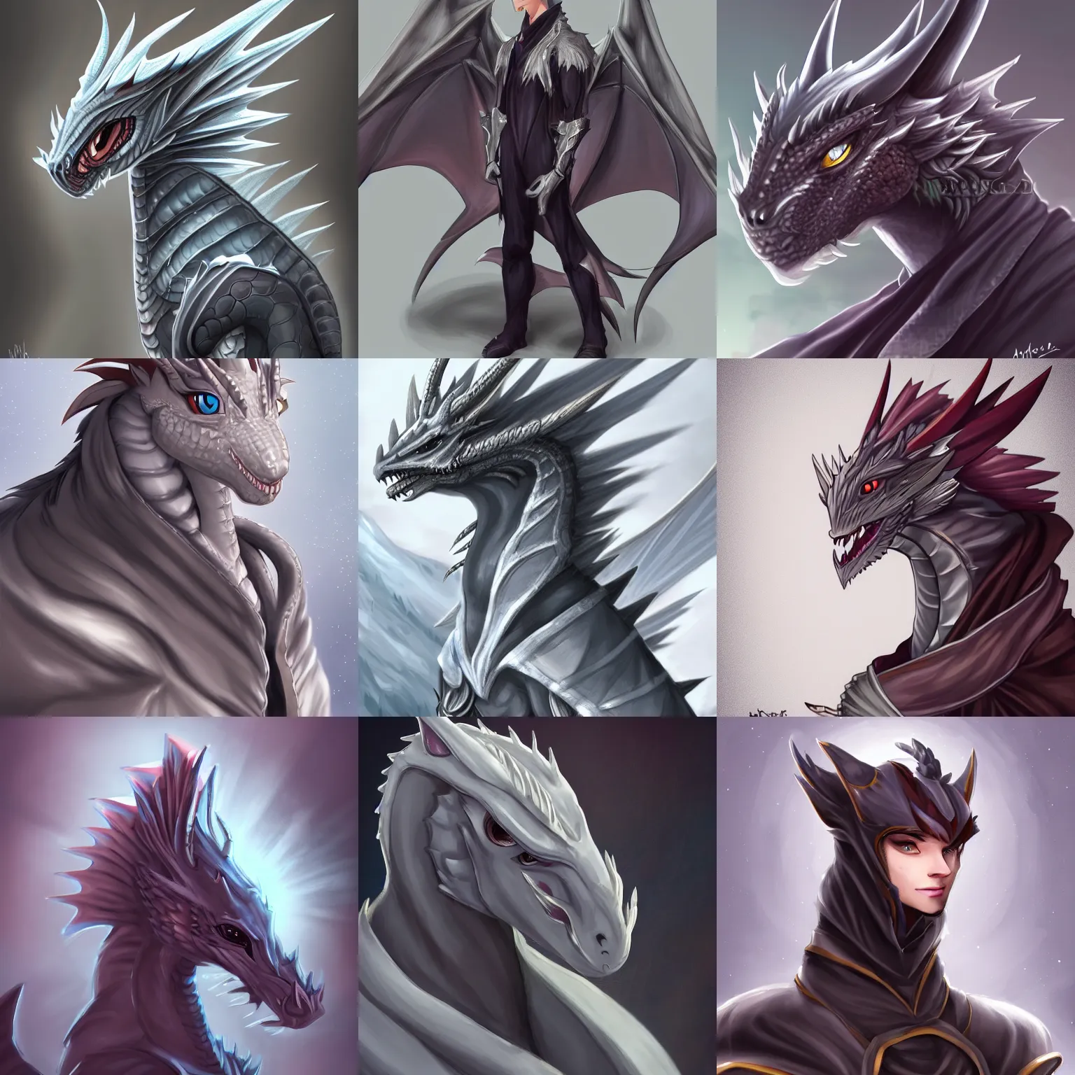 Prompt: very very beautiful half body side angle portrait of a handsome boyish anthropomorphic silver dragon, soft delicate draconic features, cute eyes, wearing a luxurious silk cloak, commission on furaffinity, artstation, high quality digital art, warm colors