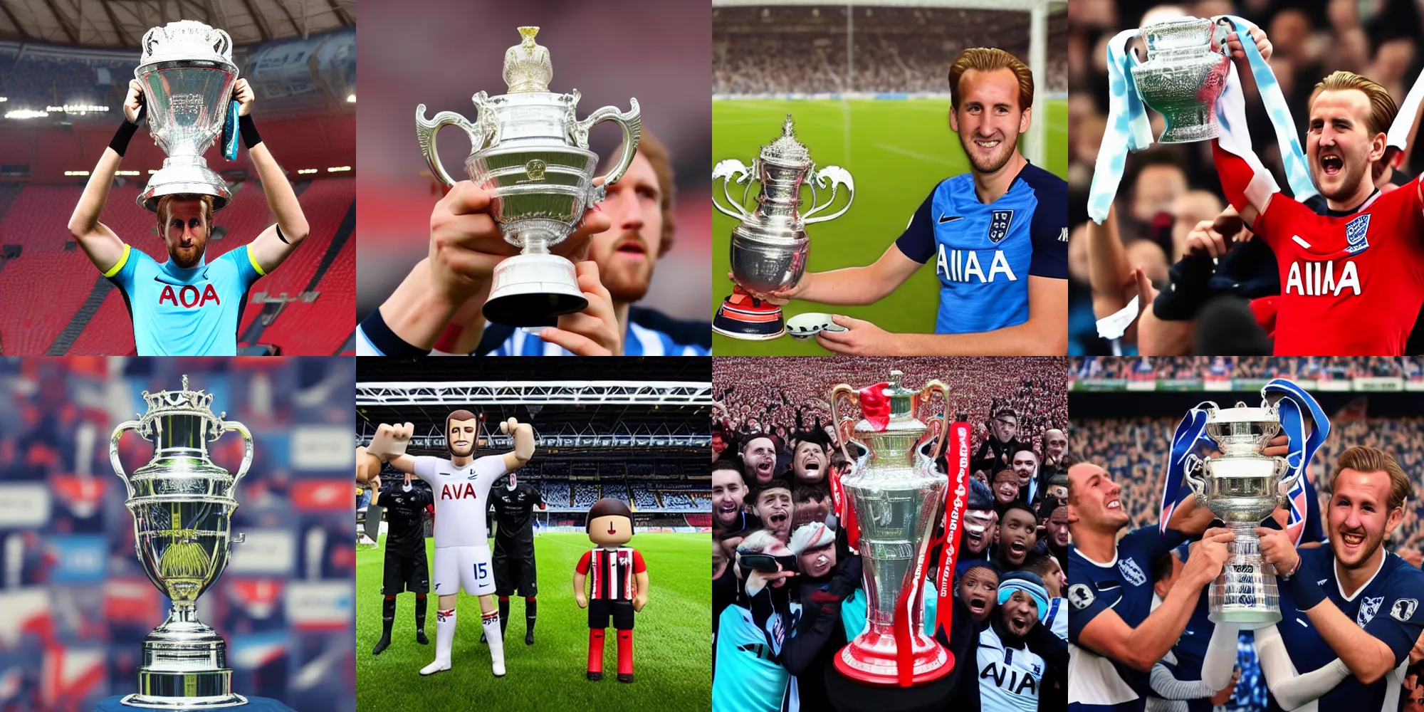Prompt: fa cup being held by harry kane, fa cup, fa cup, nendroid, butcher billy style
