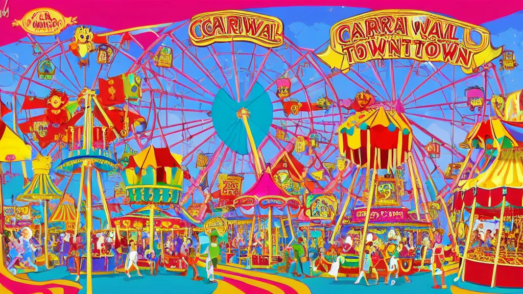 Prompt: carnival town, the horror carnival drawn in the style of a children's book. ferris wheel, circus tent, and carousel. disney style. cutesy, fun, and bright. color harmony, 8 k detail, gallery quality, hd wallpaper, premium prints available, hyper - detailed, intricate design.