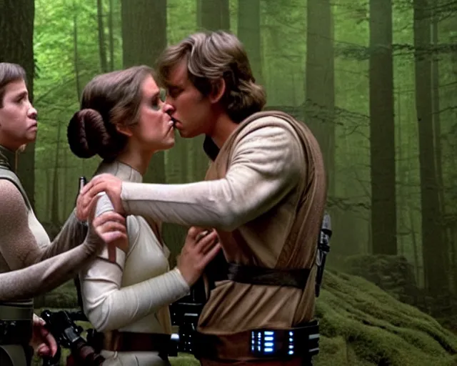 Image similar to luke skywalker, princess leia and han solo hugging and kissing in the forest of endor in a modern remake of return of the jedi