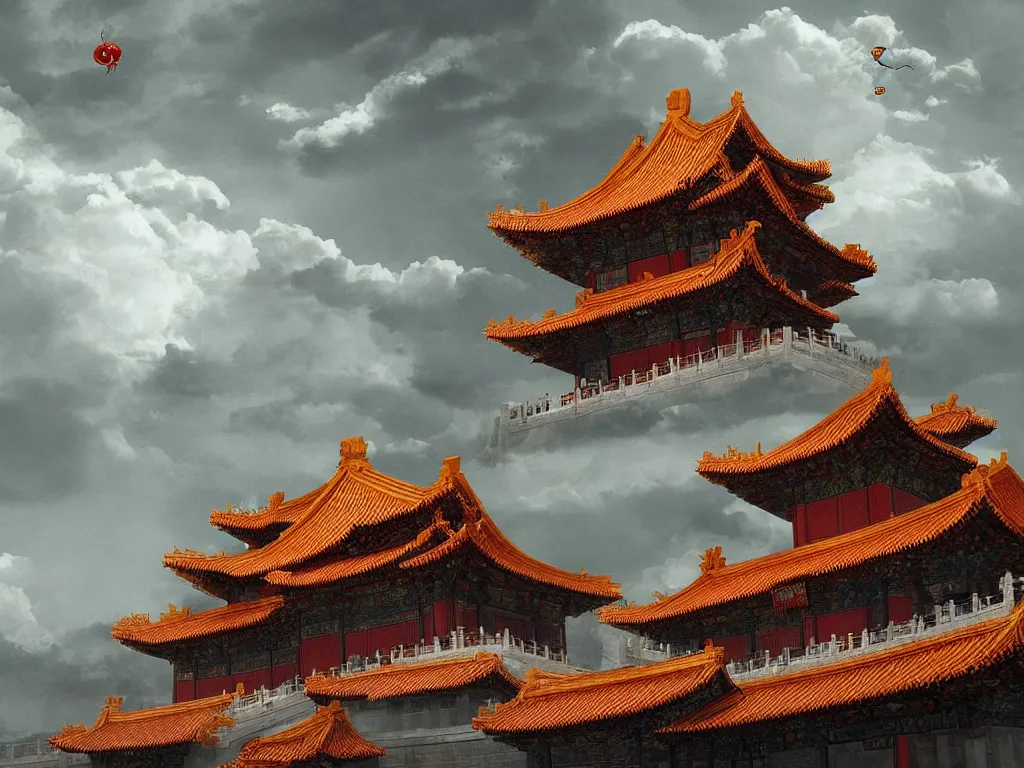 Prompt: forbidden city on the cliff, chinese dragon hovering over the building ， stormy night ， trend on artstation