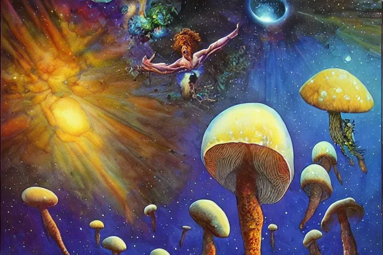 Image similar to how magic mushrooms can take us to the farthest reaches of innerspace, painting by james gurney