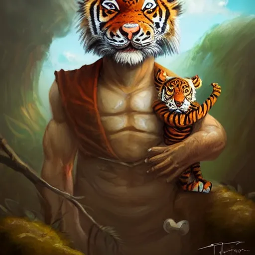 Prompt: cute little anthropomorphic tiger wearing safari outfit, ultra wide lens shot , tiny, small, short, cute and adorable, pretty, beautiful, DnD character art portrait, matte fantasy painting, DeviantArt Artstation, by Jason Felix by Steve Argyle by Tyler Jacobson by Peter Mohrbacher, cinematic lighting