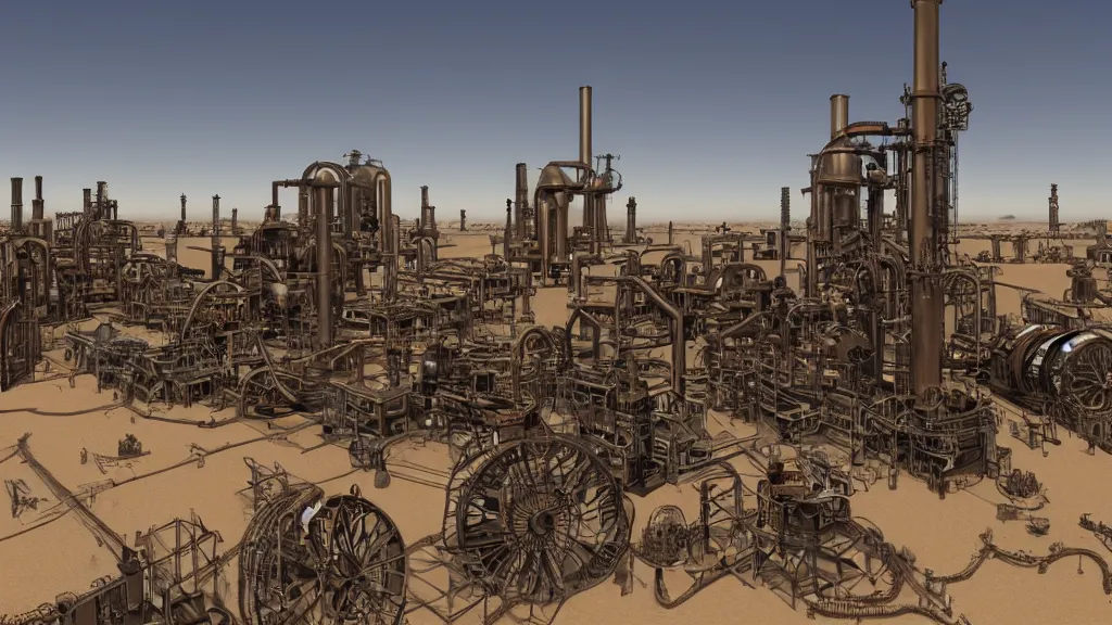 Prompt: steampunk factory in the middle of the desert