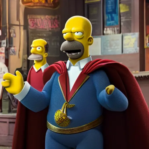 Image similar to A still of Homer Simpson as Dr. Strange. Extremely detailed. Beautiful. 4K. Award winning.