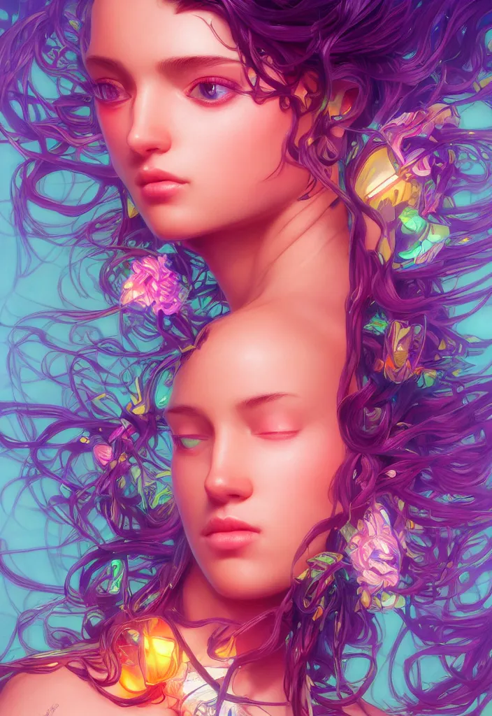 Image similar to beautiful, young woman, detailed gorgeous face, vaporwave aesthetic, synthwave, colorful, psychedelic, artstation, concept art, smooth, extremely sharp detail, finely tuned detail, ultra high definition, 8 k, unreal engine 5, ultra sharp focus, illustration, art by artgerm, greg rutkowski and alphonse mucha