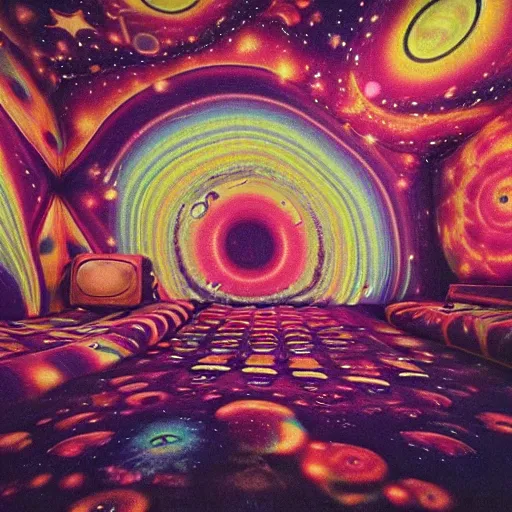 Image similar to psychedelic trippy couch in space, planets, milky way, sofa, rob zombie, arnold fischer, croissant, 1 9 9 0 grunge basement, richard parker, extremely toxic, forensic files, crazy trippy, bad trip, train with couch, chesterfield, old couch, rickety couch, stained couch