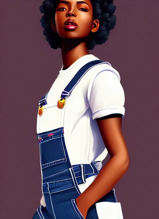 Image similar to full body portrait of beautiful black woman wearing white t - shirt and blue denim overalls, fireman's helmet, intricate, beautiful and elegant, highly detailed, digital painting, artstation, concept art, smooth, sharp focus, illustration, art by wlop, mars ravelo and greg rutkowski