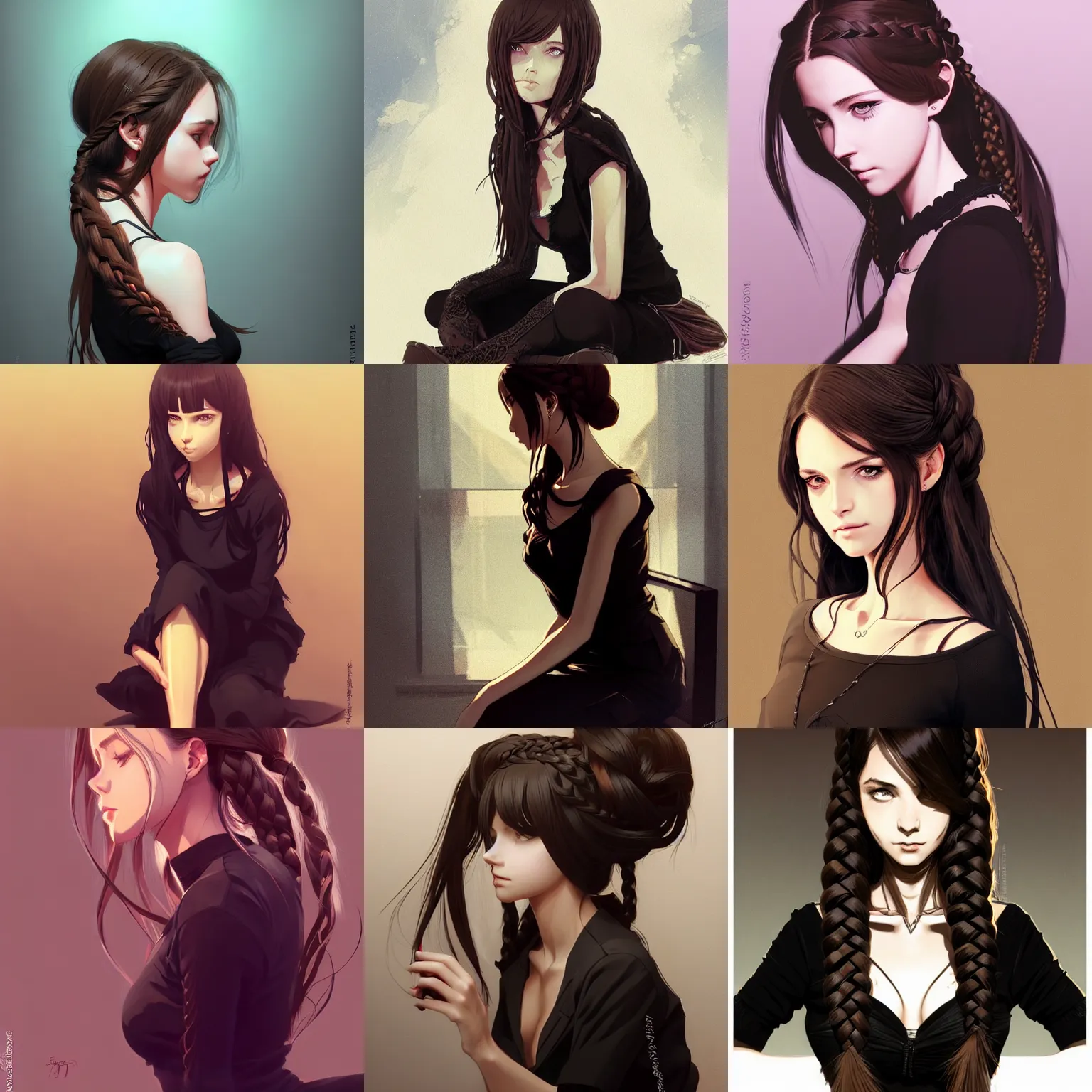 Prompt: beautiful woman with braided brown hair, wearing a black dress, sitting on her bed, hands in her hair, black colors, highly detailed, in the style of and ilya kuvshinov and greg rutkowski, high quality anime artstyle, intricate
