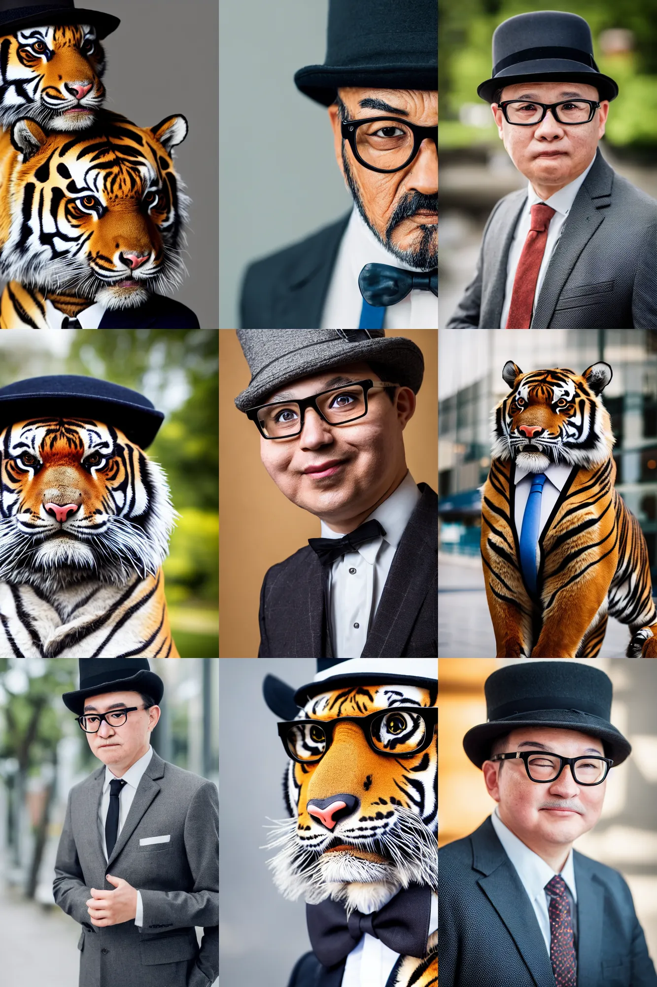 Prompt: high quality portrait photo of a !older tiger! wearing a business suit and tie, wearing a bowler hat, !!wearing glasses!!, !Anthropomorphic!, photography 4k, f1.8 bokeh, 4k, 85mm lens, sharp eyes, looking at camera