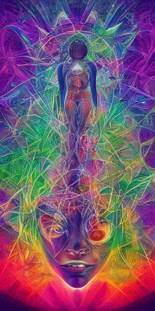 Image similar to ai transcendence into collaborative intelligence, connectedness, body, by alex grey, album cover, award winning, beautiful, colorful, volumetric lighting, trending on artstation, cinematic