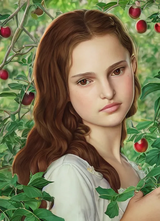 Image similar to well - lit art nouveau portrait of a 1 3 - year old girl wih resembles natalie portman and emily browning looking distressed under an apple tree, natural lighting, path traced, highly detailed, high quality, cartoon, digital painting, by don bluth and ross tran and studio ghibli