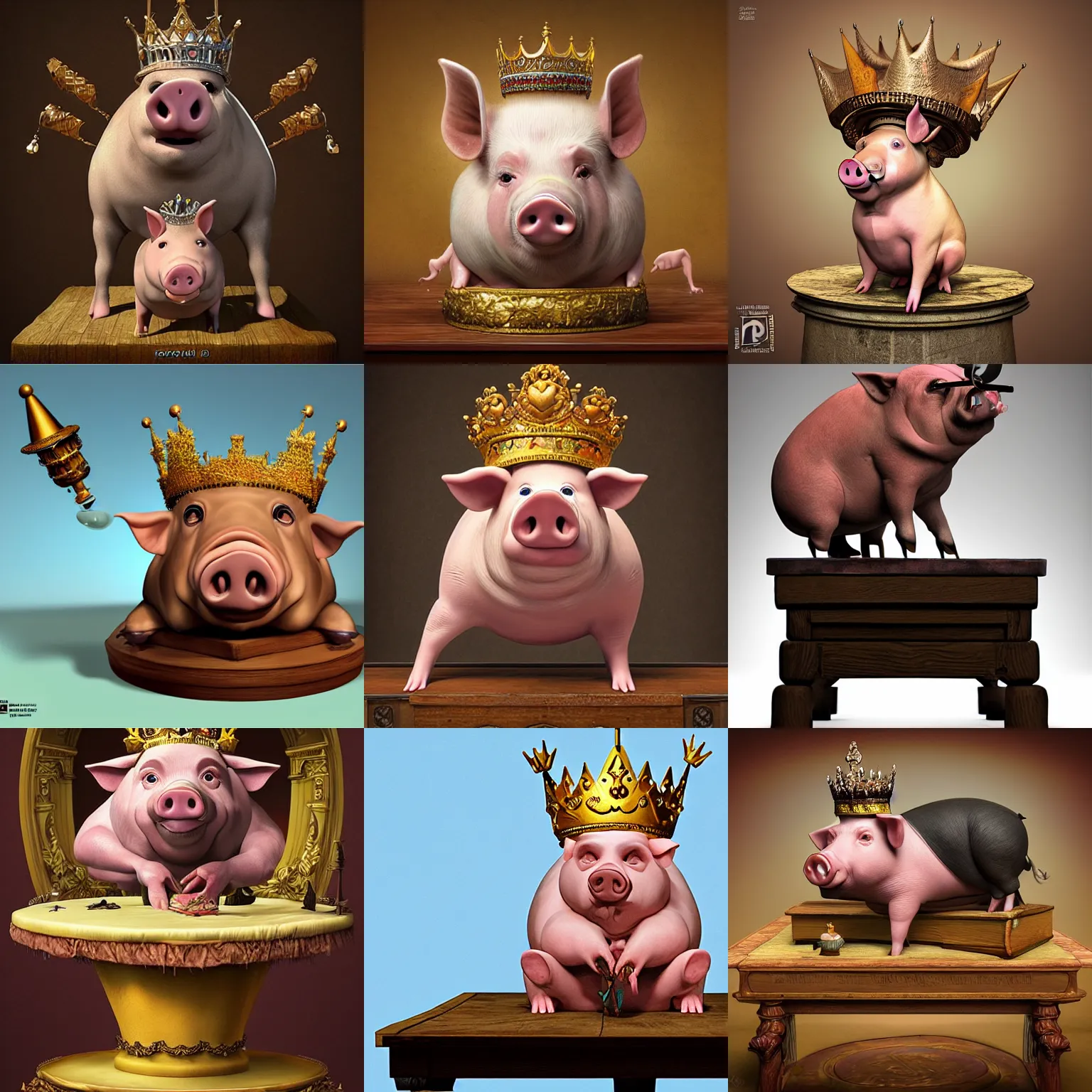 Prompt: a pig with a crown sitting on top of a table, a character portrait by vladimir kush, zbrush central contest winner, fantasy art, zbrush, dystopian art, rococo