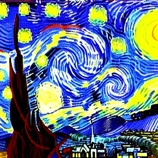Prompt: starry night on mars, red dust, snakes, dim distant light, towers, painting by van gogh
