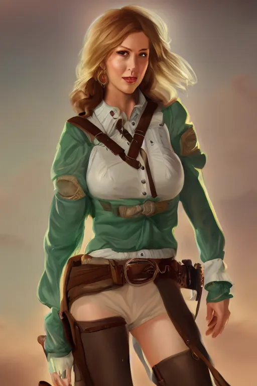 Image similar to full body, female cowgirl, perfect face, white blouse, holster, 8 k, magic the gathering, desert, d & d, artstation, high detail, smooth, sweaty, emerald herald