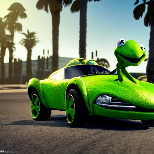 Prompt: kermit driving a mercedes, wlop, palm trees, cinematic lighting, hyperdetailed, 8 k realistic, symmetrical, global illumination, radiant light,, frostbite 3 engine, cryengine, dof, trending on artstation, digital art, chanel