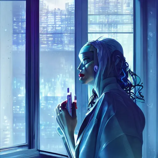 Image similar to portrait of cyberpunk woman looking out of a window, cyberpunk setting, futuristic, highly detailed, intricate lighting, digital painting, sharp focus, illustration, trending on artstation, art by anna dittmann.