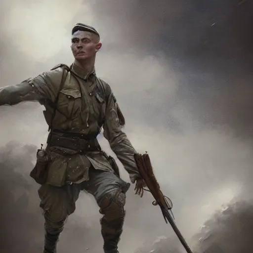 Prompt: a dramatic epic ethereal portrait of a WWII soldier, full body with dynamic pose, male, detailed face, cinematic lighting, highly detailed oil on canvas painting by Greg Rutkowski, winning-award digital art trending on Artstation H 1024 W 832