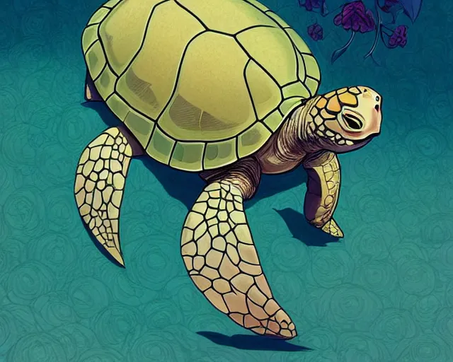 Image similar to cell shaded cartoon of a realistic turtle with a flower bulb growing out of its back. full body, concept art by josan gonzales and wlop, by james jean, victo ngai, david rubin, mike mignola, deviantart, art by artgem