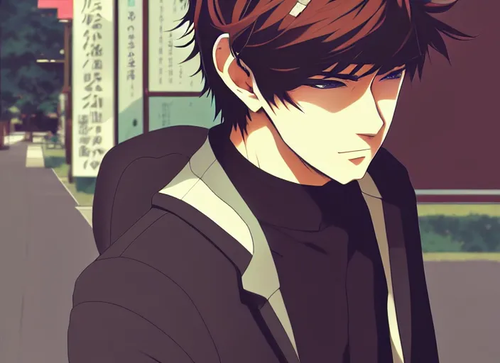 Image similar to anime visual, illustration of a young man riding around town on his new motorbike, handsome face by ilya kuvshinov, yoshinari yoh, makoto shinkai, katsura masakazu, dynamic perspective pose, detailed facial features, kyoani, rounded eyes, crisp and sharp, cel shad, anime poster, ambient light,