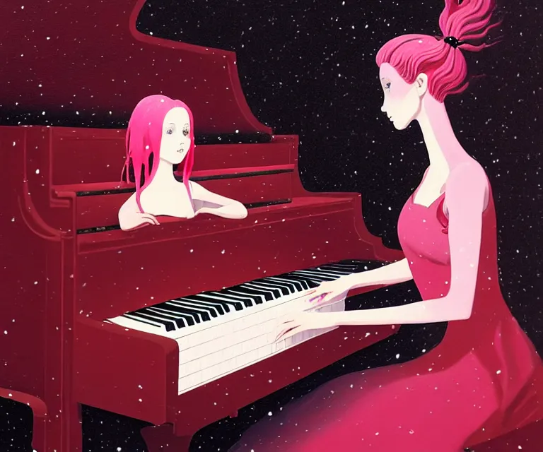 Image similar to a painting of a beautiful face gothic girl, pink hair in a stunning red dress playing a piano in the dark snowy forestby randolph stanley hewton, cg society contest winner, matte painting studio ghibli, fantasy, medium shot, asymmetrical, intricate, elegant, matte painting, illustration