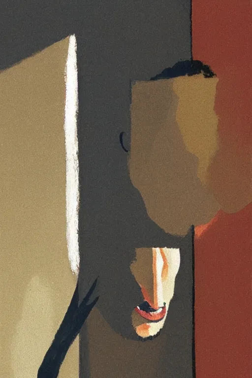 Image similar to man looking at his reflection in the mirror, 1960’s minimalist advertising illustration, painterly, expressive brush strokes