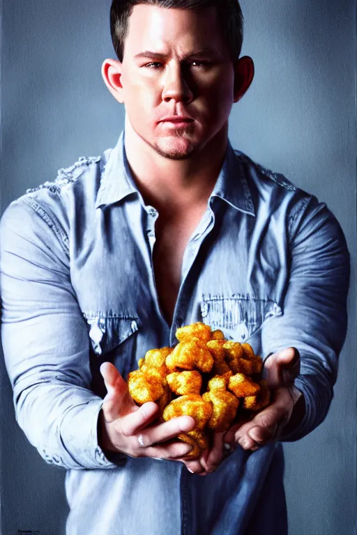 Image similar to a tater tot as channing tatum, oil on canvas, intricate, portrait, 8 k highly professionally detailed, hdr, cgsociety