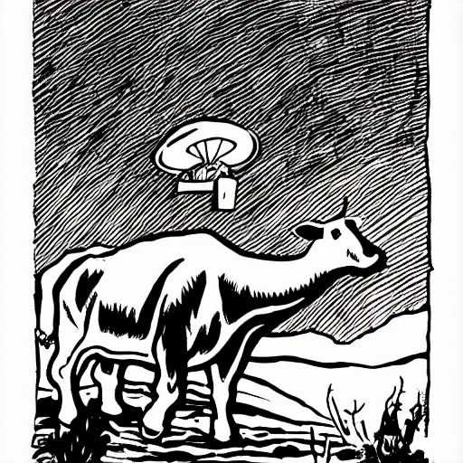 Image similar to alien abducting a cow black and white illustration