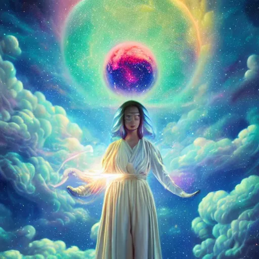 Prompt: symmetry!!, moon goddess floating through a nebula cloud in space, photorealistic, by casey weldon and chie yoshii and afarin sajedi, global illumination, radiant light, god rays, bokeh, digital illustration, cg society, unreal engine 5, ray tracing