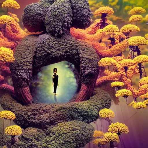 Prompt: A picture of a planet of various flowers, fungus and plants, Bonsai , in which the human figure is dressed in something magical and impressive, inside the picture is infinity, muted light, BotanicalAtmospheric phenomenon, artistic photography, muted colors, conceptual, Kodachrome