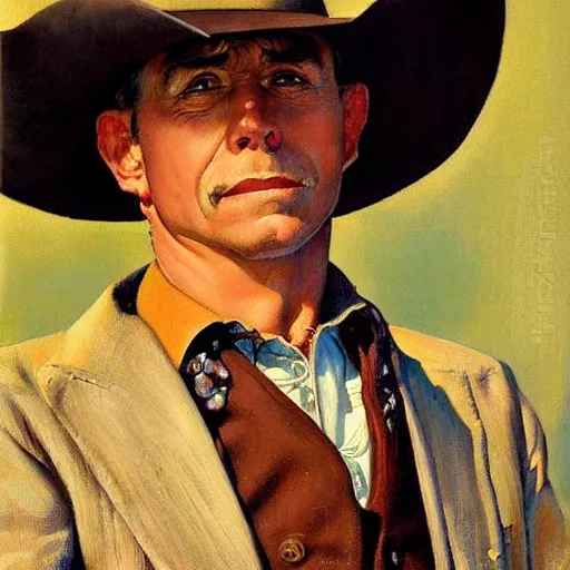 Prompt: portrait illustration of a man, cowboy hat, portrait, , wild west, fantasy, highly detailed, oil painting, illustration, art by Charles E. Chambers, J. C. Leyendecker and norman rockwell. Trending face portrait paintings