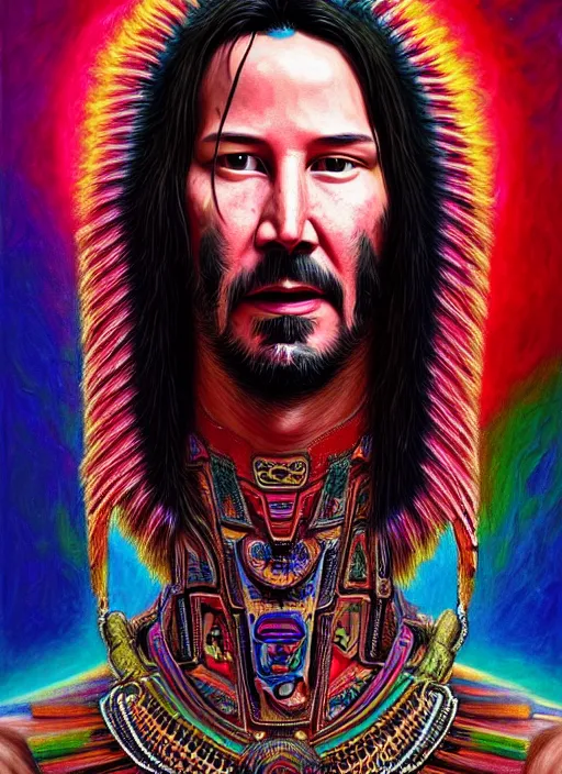 Image similar to portrait of keanu reeves, hyper detailed ultra sharp aztec shaman warrior. trending on artstation, warpaint aesthetic, bloodwave, colorful, psychedelic, ornate, intricate, digital painting, concept art, smooth, sharp focus, illustration, art by artgerm and greg rutkowski and h. r. giger, 8 k