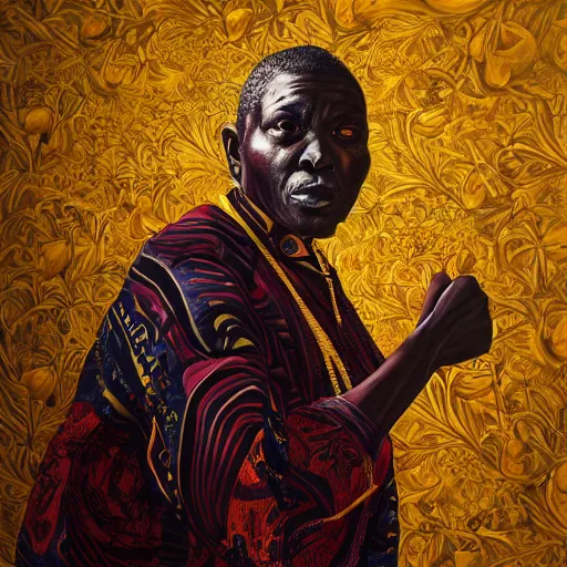 Image similar to a painting of a big wise elder from Kenya in a suit by Kehinde Wiley . dramatic angle, ethereal lights, details, smooth, sharp focus, illustration, realistic, cinematic, artstation, award winning, rgb , unreal engine, octane render, cinematic light, macro, depth of field, blur, red light and clouds from the back, highly detailed epic cinematic concept art CG render made in Maya, Blender and Photoshop, octane render, excellent composition, dynamic dramatic cinematic lighting, aesthetic, very inspirational, arthouse.