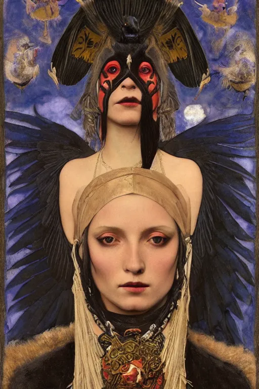 Image similar to a goth shaman with the head of a raven, by Annie Swynnerton and Nicholas Roerich and John Bauer and John William Godward and Donato Giancola and Vermeer, black leather and embroidered velvet, iridescent beetles, rich color, dramatic cinematic lighting, featured on Artstation, extremely detailed