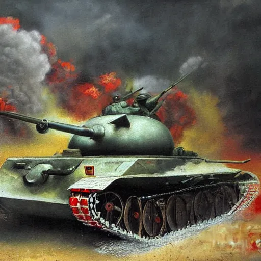 Prompt: soviet tank attack, battle painting by Peter Krivonogov