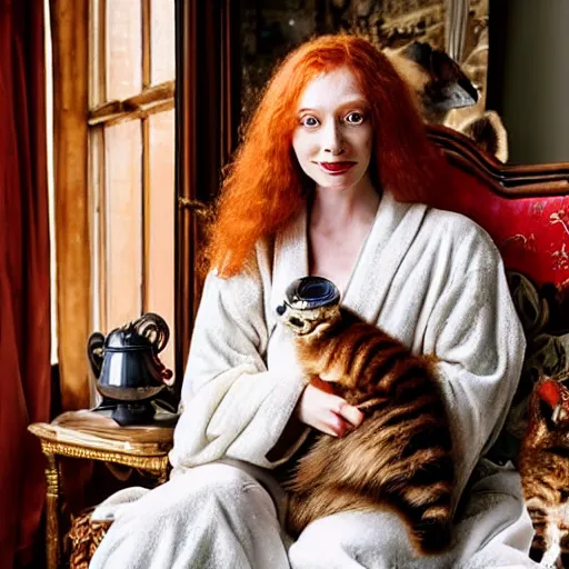 Image similar to a stunning hyper-detailed photo of one slender beautiful smiling woman with long ginger hair and bangs, wearing a luxurious silk robe, wearing headphones and posing with her large ginger tabby cat and her raccoon and parrots in a red overstuffed easy chair in her Victorian living room, holding a porcelain parrot-shaped coffee mug and a donut, perfect eyes, fashion photography, dramatic cinematic lighting, octane render, IBEX Masters, unreal engine, 85 mm lens, paisley wallpaper