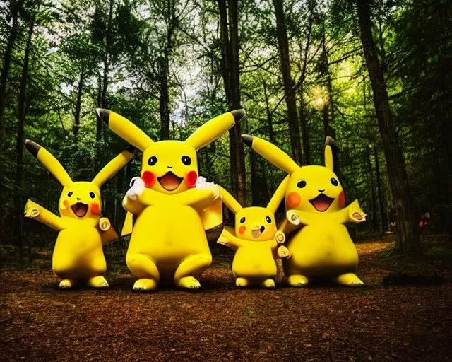 Prompt: photograph of a group of people worshipping a giant pikachu in a forest, ultra realistic!!!, spring time, slight overcast weather, golden hour, sharp focus