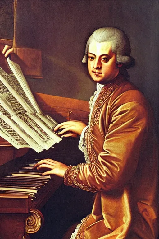 Image similar to a stunning renaissance painting of Wolfgang Amadeus Mozart playing a modular synthesizer, strong dramatic lighting, highly detailed, oil on canvas, HD, 4K