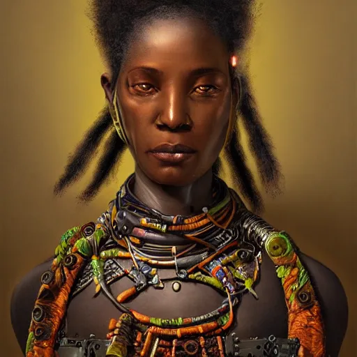 Image similar to Ultra detailed, 4K Portrait of a cyborg african woman by Rachel Ruysch