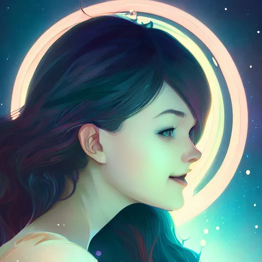 Image similar to gazing into the gorgeous face of infinity, laughing, ambient lighting, 4 k, lois van baarle, ilya kuvshinov, rossdraws, alphonse mucha, jung gi kim, artstation